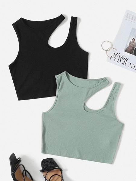 

2pcs solid asymmetrical neck tank a8ro#, White