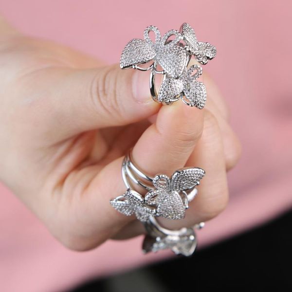 

cluster rings fashion big small butterfly ring luxury zircon bling stone paved finger wedding engagement party female animal jewelry, Golden;silver