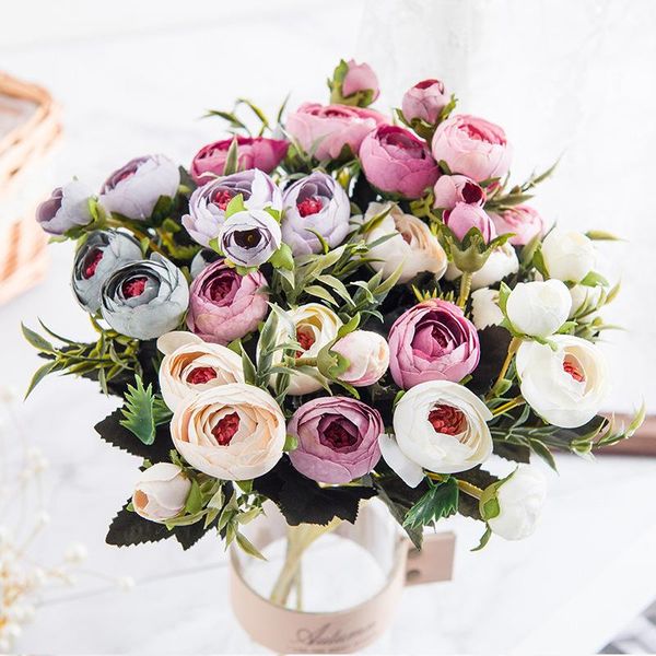 

european vintage tea roses bouquet 9 heads artificial flower for home wedding decoration autumn retro fake decorative flowers & wreaths