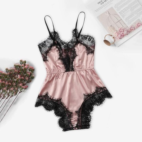 

pyjamas lingerie polyester women sleepwear bodysuit jumpsuit lace satin silk underwear pajamas for, Black;red