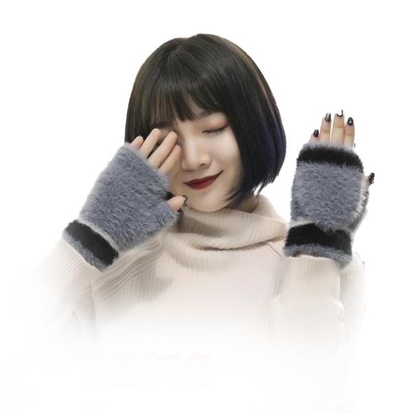 

five fingers gloves faux fur stretchy fashion convertible hand warmer cold weather flip mittens student winter size fingerless wome, Blue;gray