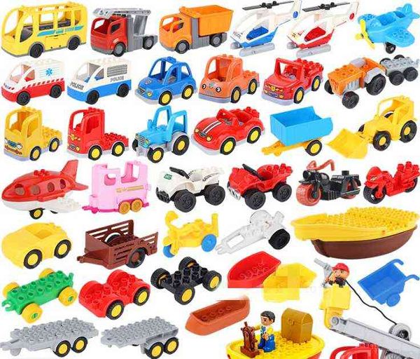 Modello di auto I bambini assemblano i giocattoli Grandi blocchi di costruzione Traffico cittadino Parti Veicolo Rimorchio Telaio Barca Moto compatibile Duplo Y1130