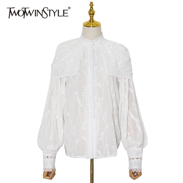 

twotwinstyle patchwork lace embroidery white shirt for women stand collar lantern sleeve casual elegant blouse female fall 210517