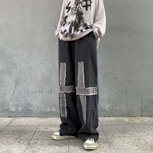

men's jeans high street harajuku vintage pants men women elastic waist wide len casual straight denim trousers oversize pantalon homme, Blue