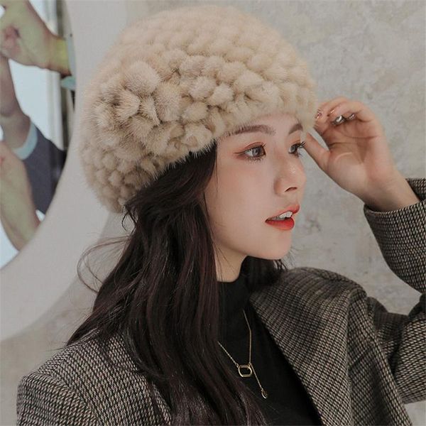 

berets 2021 genuine hat hand knitted 100% real winter warm fashion lady beret, Blue;gray