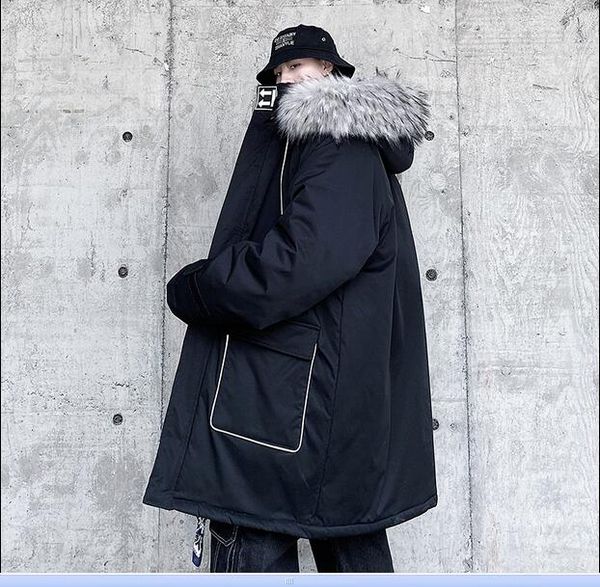 

dark punk reflective strip winter thick coats men fur collar hooded long parkas jacket streetwear oversized outwear, Tan;black