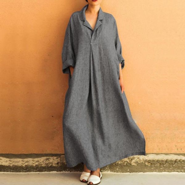 

casual dresses women's vintage maxi cotton linen turn down collar loose summer sundress elegant large plus size boho clothes, Black;gray