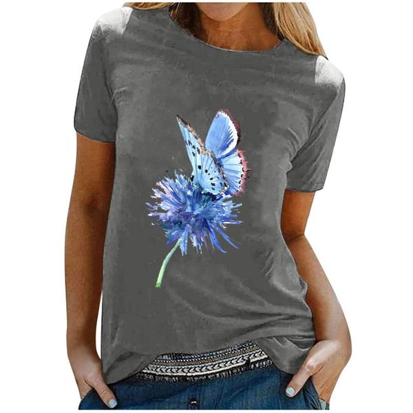 

women's t-shirt t shirts butterfly print o-neck short sleeve fashion blouses, White