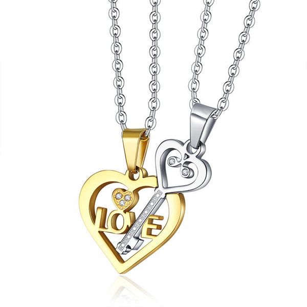 

pendant necklaces gold necklace for women key heart puzzle love you double color friends family lovers jewelry gift 2 pcs, Silver