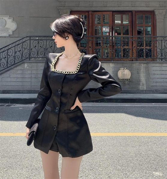 

women's tracksuits streetwear retro slim waist black square collar chain satin blazer jacket mini suit dress wide leg shorts sets goth, Gray