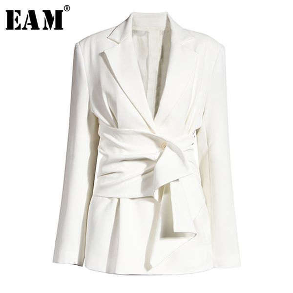 

[eam] women white knot split joint irregular blazer lapel long sleeve loose fit jacket fashion spring autumn 1x343 211019, White;black