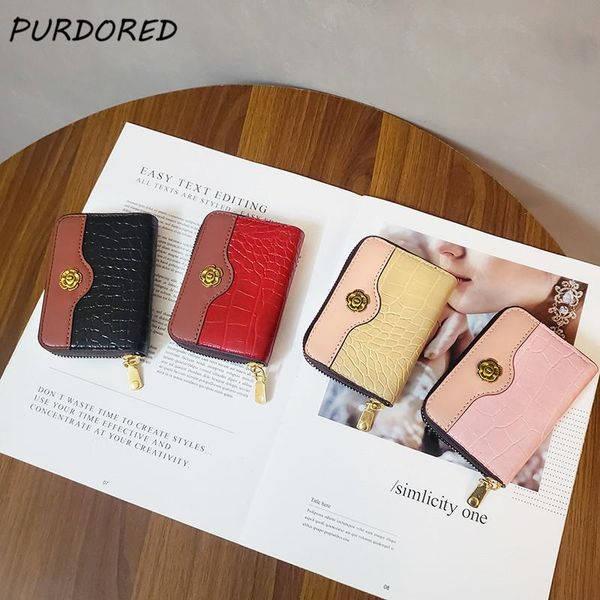 

card holders purdored 1 pc flower decoration women holder crocodile pattern leather business case wallet for female coin purse, Brown;gray