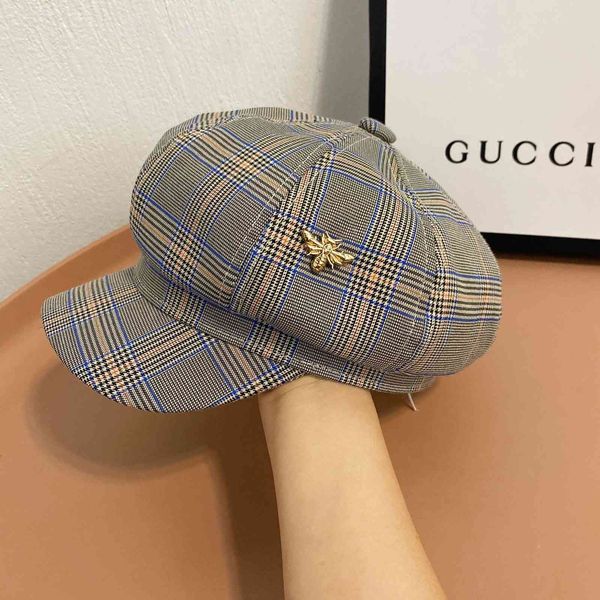 

spring and summer female thousand bird lattice octagonal hat version little bee cap fashionable simple outdoor beret ghir, Yellow