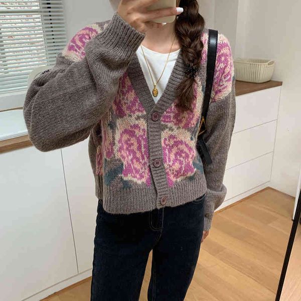 

sweaters elegant floral printing loose open stitch cardigans sweet v-neck gentle casual office lady knitted sweater short top, White;black