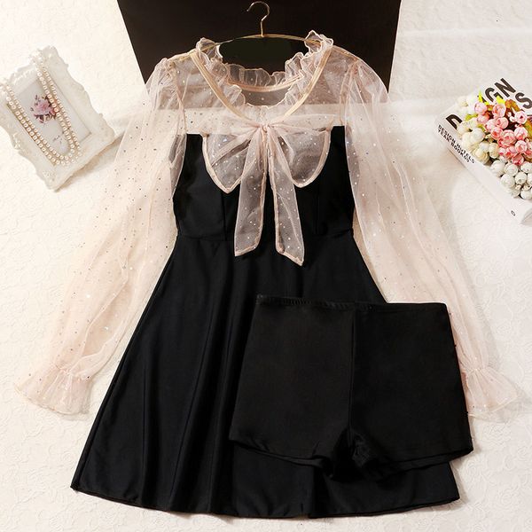 

swimwear series gentle wind mesh long sleeve temperament students conservative cover belly show thin spring swimsuit woman, White;black