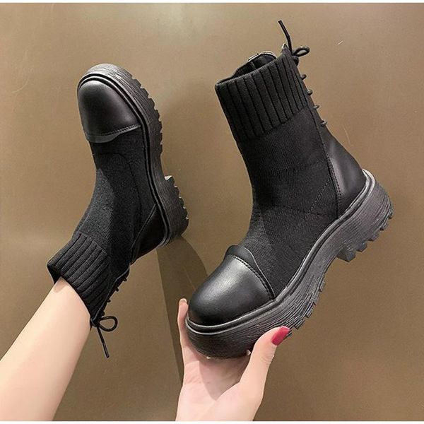 

boots autumn knitted women casual socks shoes lace up platform thick heels female ankle fashion ladies footwear 2021, Black