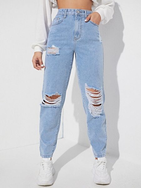 

high waist ripped mom jeans x5qn#, Blue