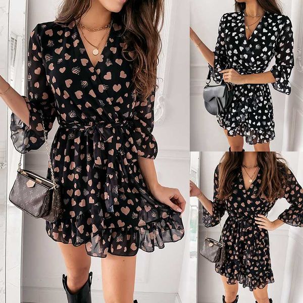 

women's elegant slim vintage love heart print v-neck summer dress midi long party women high waist vestido short lovely casual dresses, Black;gray