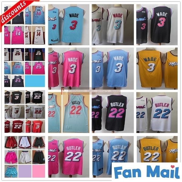 

2020 new basketball 3 dwyane 22 jimmy wade butler jerseys 25 kendrick 14 tyler nunn herro pink white black city blue jerseys, Black;red