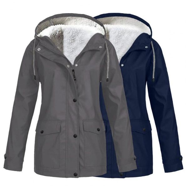 

women's wool & blends women hiking hoodie solid color hooded jacket autumn winter plush lining long coat drawstring pockets for climbin, Black