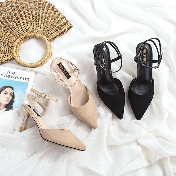 

thin high heels sandals close pointy toe buckle ladies sandales 2021 simmer women shoes trendy side open slingback sandalens, Black