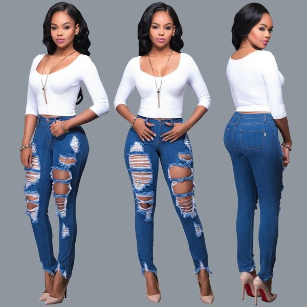 

women's jeans asymmetric holes ripped woman scratched slim denim skinny pants destroyed pleated stretch pencil trousers l0108, Blue