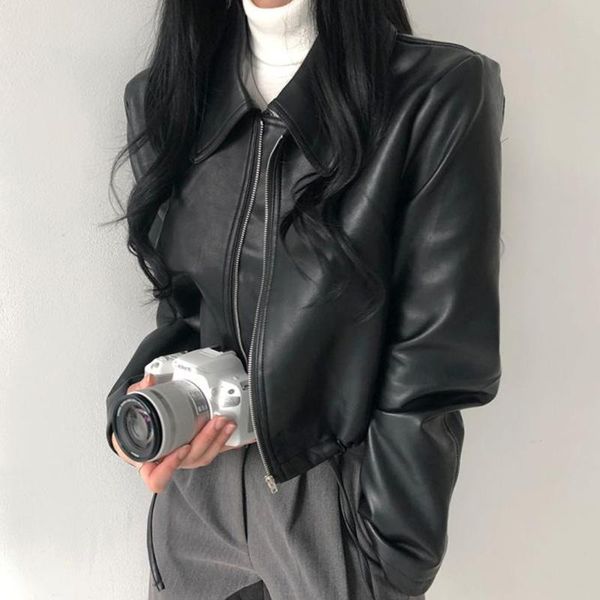 

women's leather & faux jacket women korean chic autumn handsome lapel zipper loose style casual short motorcycle suit coat, Black