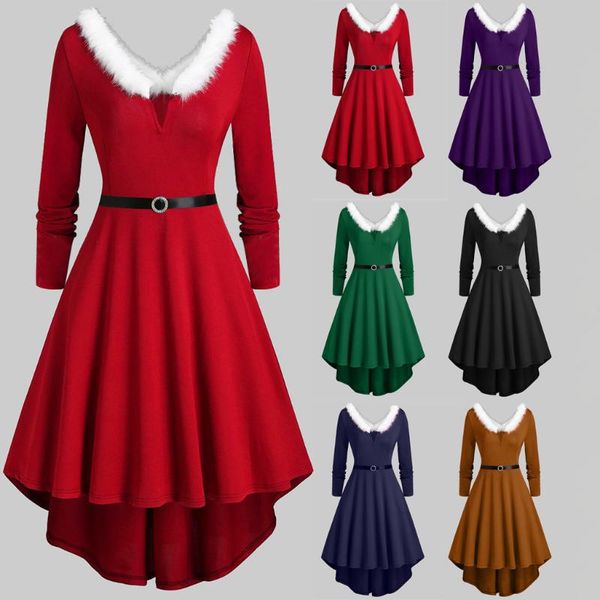 

casual dresses women vintage party a line dress plus size christmas patchwork faux fur panel long sleeve asymmetric vestidos, Black;gray