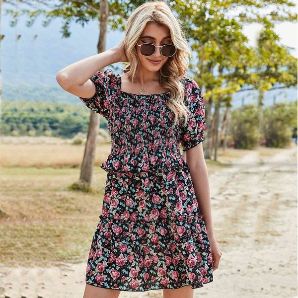 

spring square neck puff sleeves black floral printing ruffles casual women's knee-length dress 210524, Black;gray