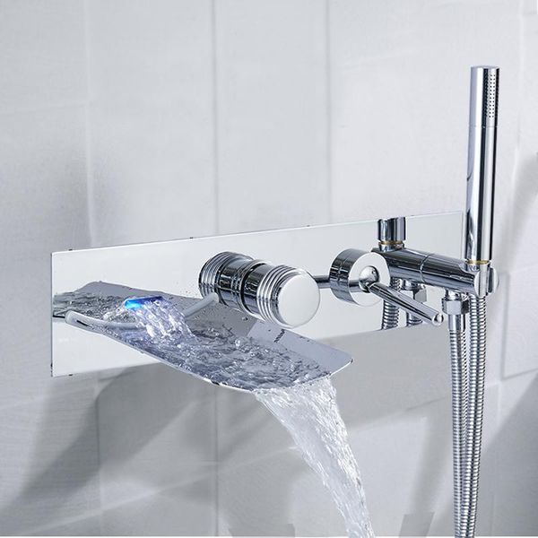 

fashion style chrome led bathtub faucet mixer tap with hand shower sprayer watelfall spout and cold water bathroom sets