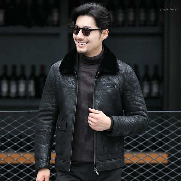 

men's leather & faux real fur coat short sheep shearling jacket men warm winter clothes wool collar korean 2021 veste homme pph, Black
