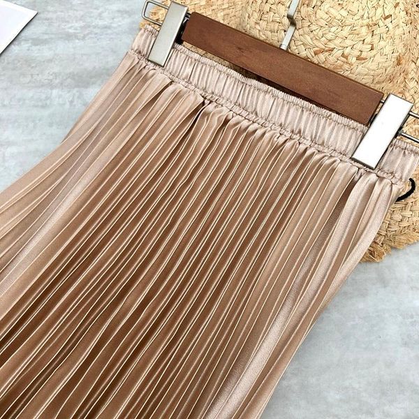 

skirts empire metallic color shiny pleated skirt solid silver gold midi casual satin office lady maxi bus5, Black