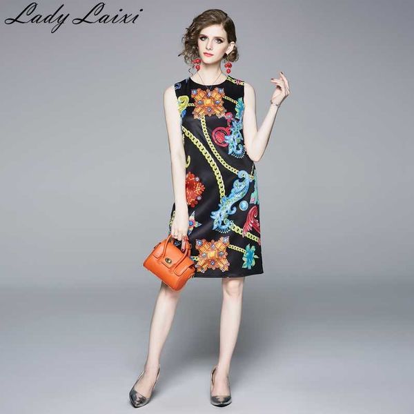 

summer dress women fashion floral chain printing sleeveless ladies o-neck mini vestidos 210529, Black;gray