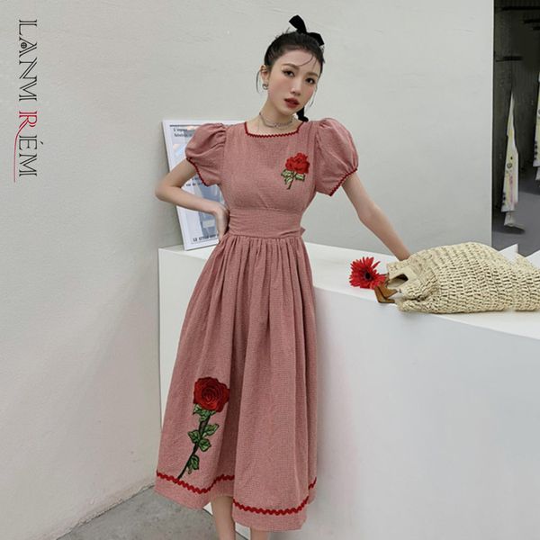 

women puff short sleeve square neck a-line embroidery flower drawstring dress fit female fashion tide summer 2h011 210507, Black;gray