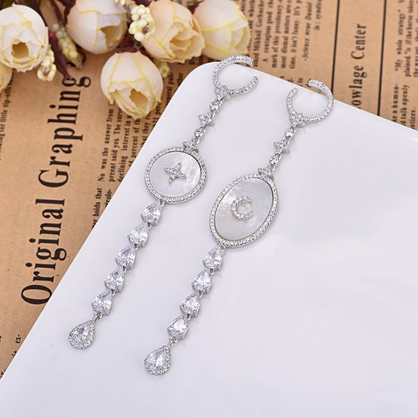 

fashion star moon earrings asymmetric austria aaa crystal shell long drop earrings womens jewelry zk30, Golden;silver