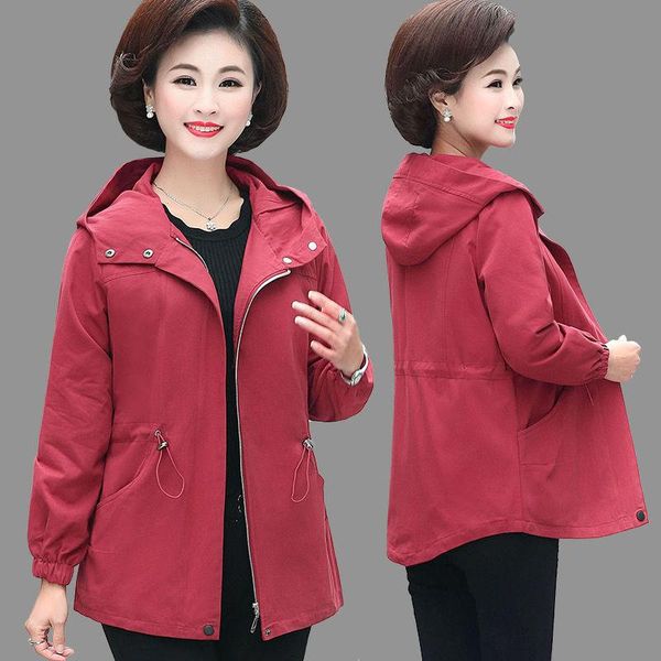 

women's trench coats middle-aged women coat spring autumn solid hooded outerwear loose long-sleeved windbreakers female plus size 5xl, Tan;black