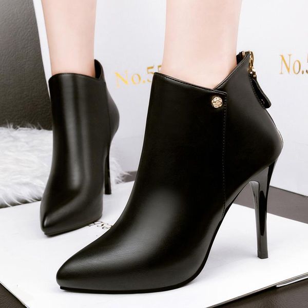 

boots fashion women ankle thin heels pointed toe shoes high ladies, Black