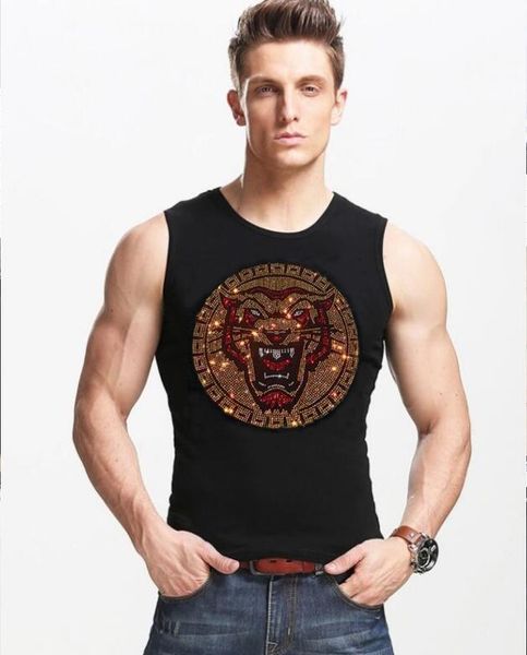 

men' tank summer 2021 fashion brand o-neck slim fit male sleeveless rhinestones vest tees fitness me, White;black