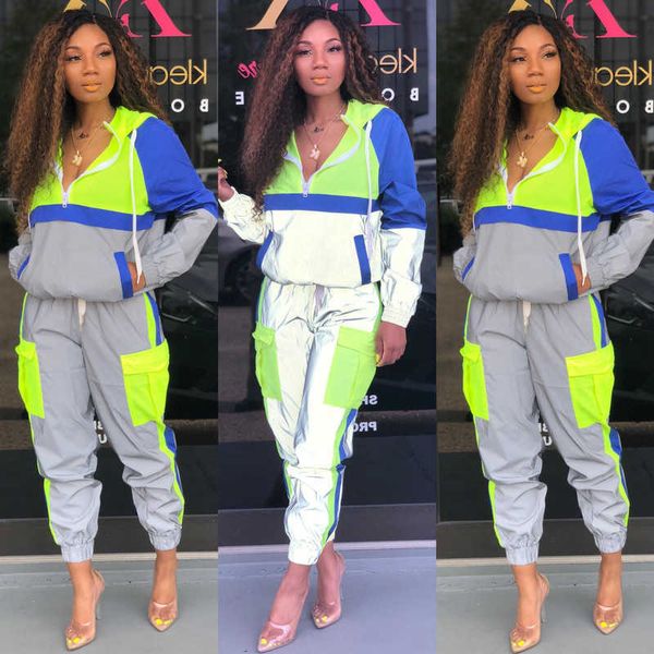 

color block night version reflective tracksuit womans outfits streetwear two piece set zipper hooded and pants sweat suits 210709, White
