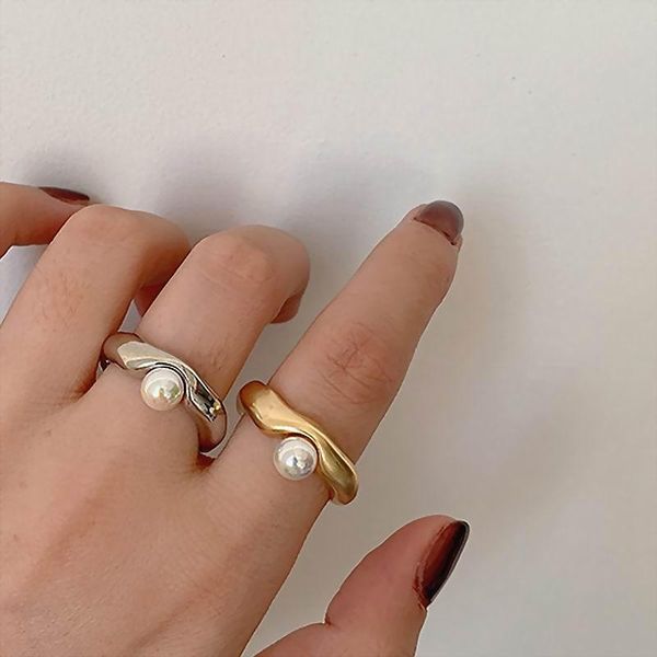 

cluster rings fashion metallic single pearl decorated open for women personality jewelry temperament adjustable ring, Golden;silver