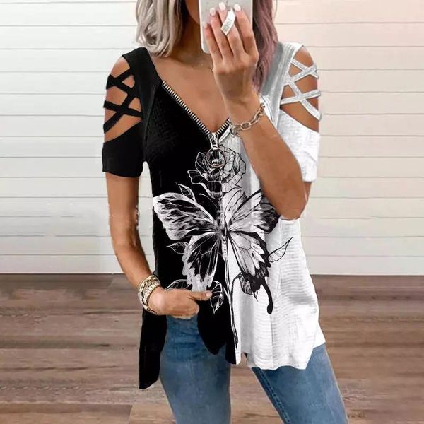 

women's t-shirt summer casual printed off-shoulder short-sleeved deep v-neck zipper ladies oversized loose plus size shirt, White