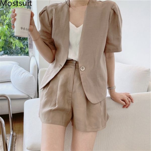 

korean solid two piece sets outfits women one-button short sleeve blazer + shorts suits fashion simple casual 2 pcs 210518, White