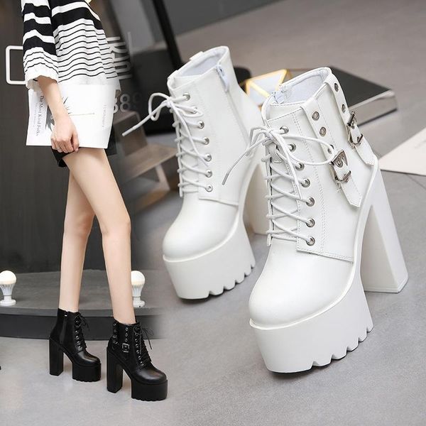 

boots 14cm white heel short muffin lace up women's shoes show thick, Black