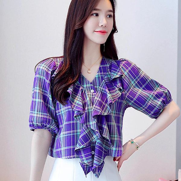 

women's blouses & shirts shintimes plaid vintage women 2021 summer blouse short sleeve patchwork ruffles ladies womens clothing, White