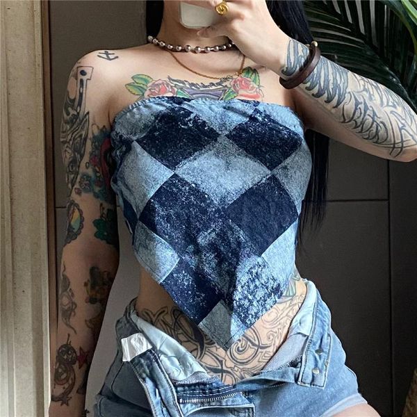 

women's tanks & camis kywommnz retro plaid stitching denim tube summer 2021 anti-exhaust off-the-shoulder women e2919, White