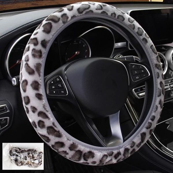 

steering wheel covers car cover leopard print plush no inner ring elastic winter warmth non-slip fluffy interior accessories