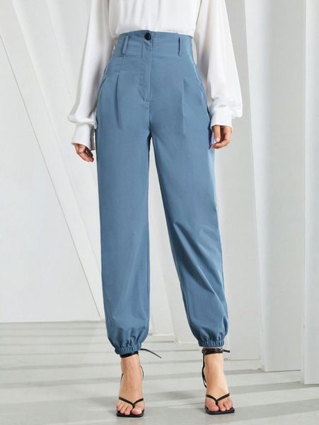 

button waist carrot solid pants v3a3#, Black;white