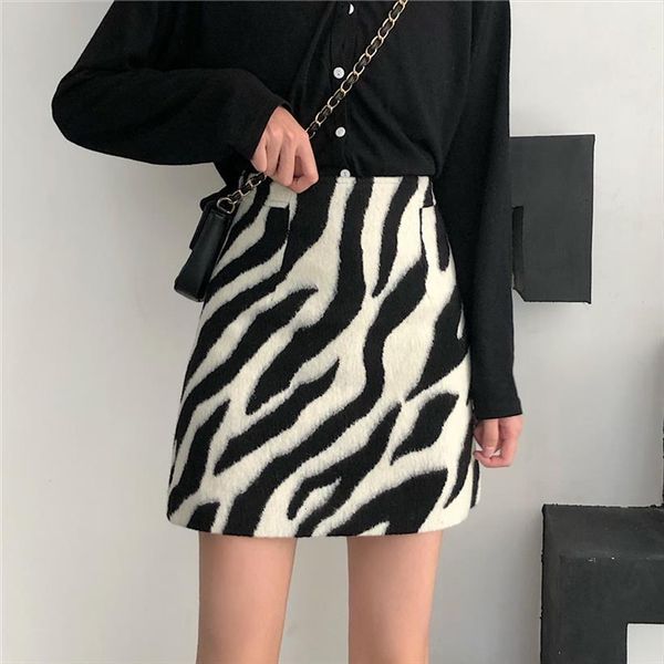 

goohojio zebra pattern woolen women skirts high waist pencil hip mini ladies autumn casual for, Black