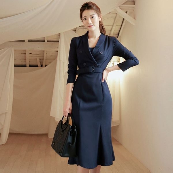 

brand fashion spring fall casual double breasted belt simple classic notched long mermaid dress female elegant ol work wear 210525, Black;gray