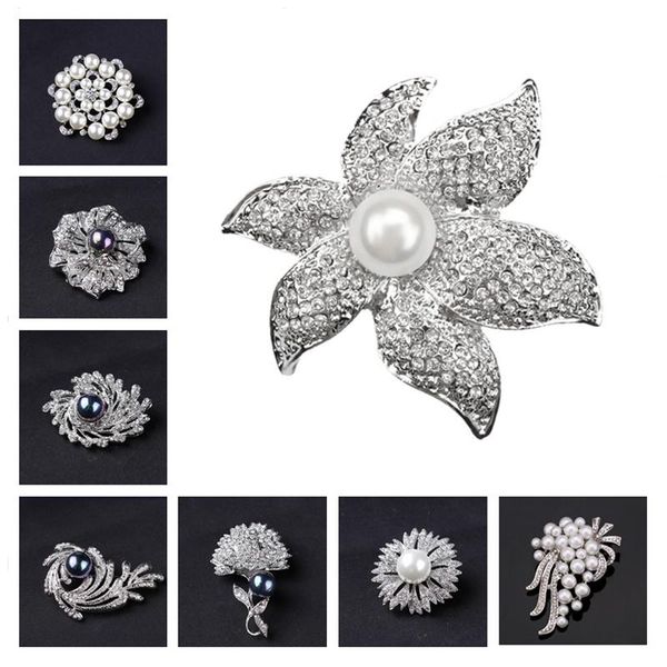 

pins, brooches pearl flower for women vintage rhinestone fashion jewelry wedding bridal bouquet bijouterie broches pins gift accessory, Gray